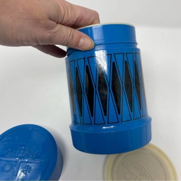 Thermos King-Seeley Blue Black Diamond Harlequin Pattern Plastic USA Vintage - Picture 7 of 7